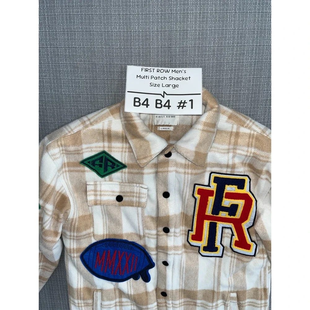 First Row Padding Shacket Mens Large Beige White Check Multi‎ Patches Wool Lined